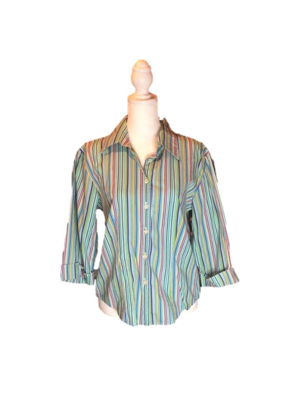 Harve’ Benard Vibrant Rainbow Striped 3/4 Sleeve Button Down Top Size L